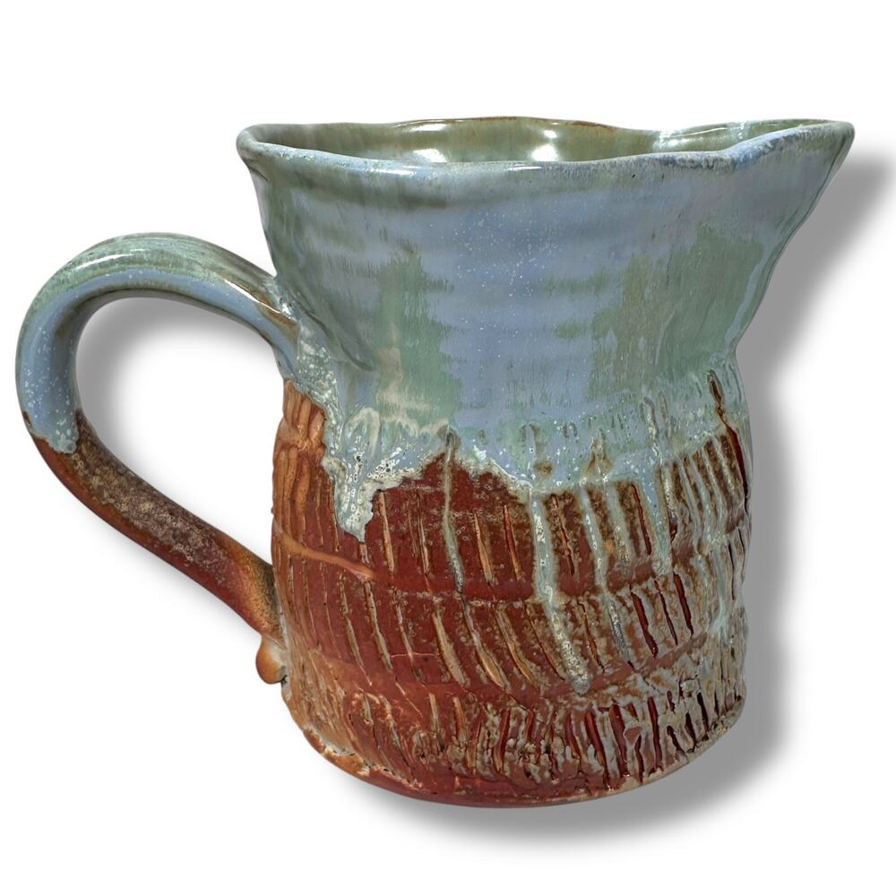 Meg W Biddle Pottery Pitcher Jug 5.25" Blue‎ Green Drip Glaze Handmade Brown